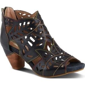 L'Artiste by Spring Step Icon Black Laser Cut Leather Open Toe Shooties Sz 41/10